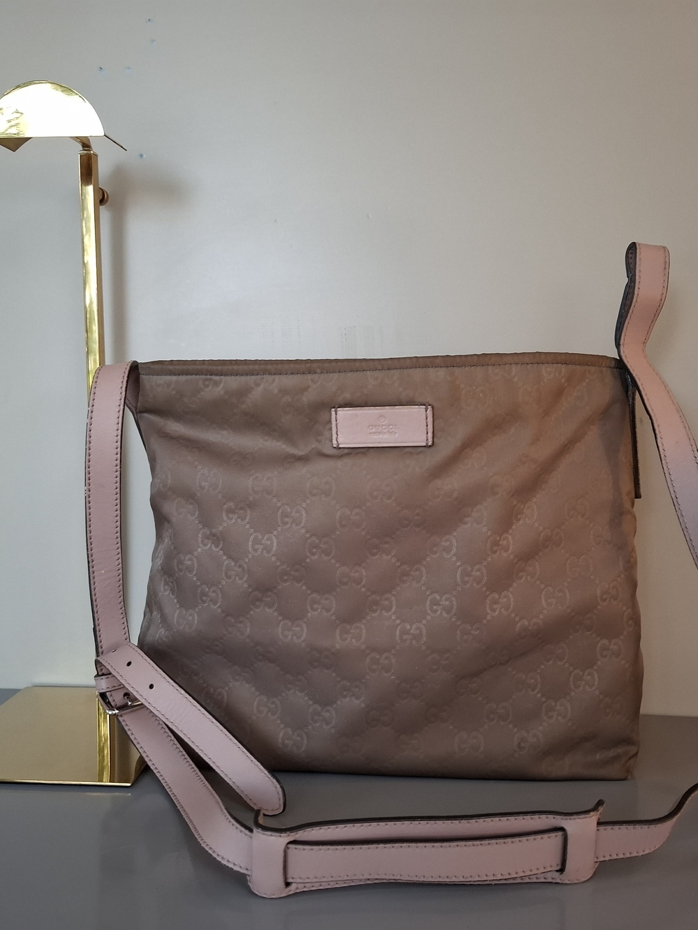Gucci Brown GG Crossbody with Pink Leather Trim
